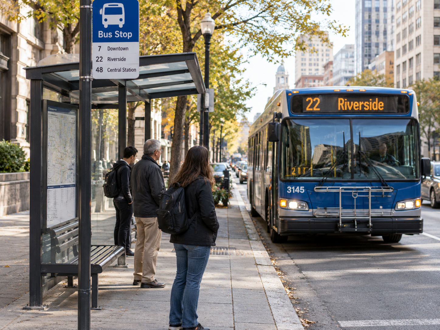 A city street scene with a bus stop, traffic, and a row of storefronts.