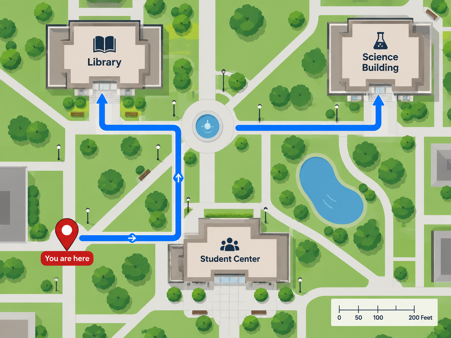 A simple map image with a highlighted route and destination labels.