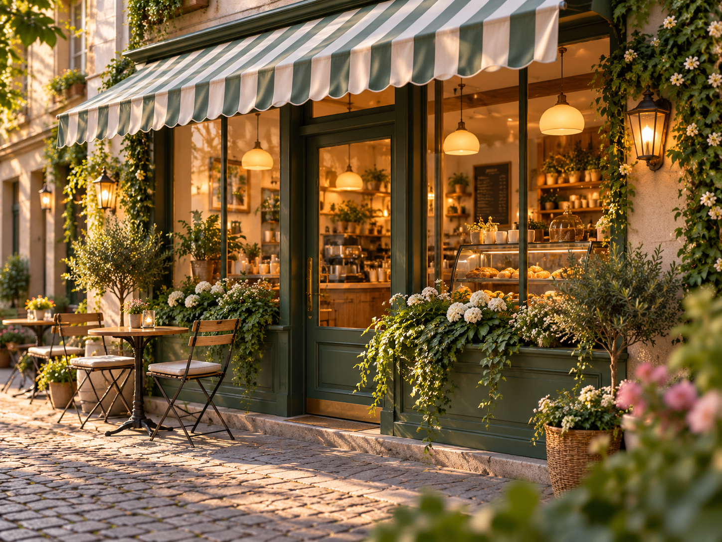 A warm, colorful storefront illustration with a striped awning and large windows.